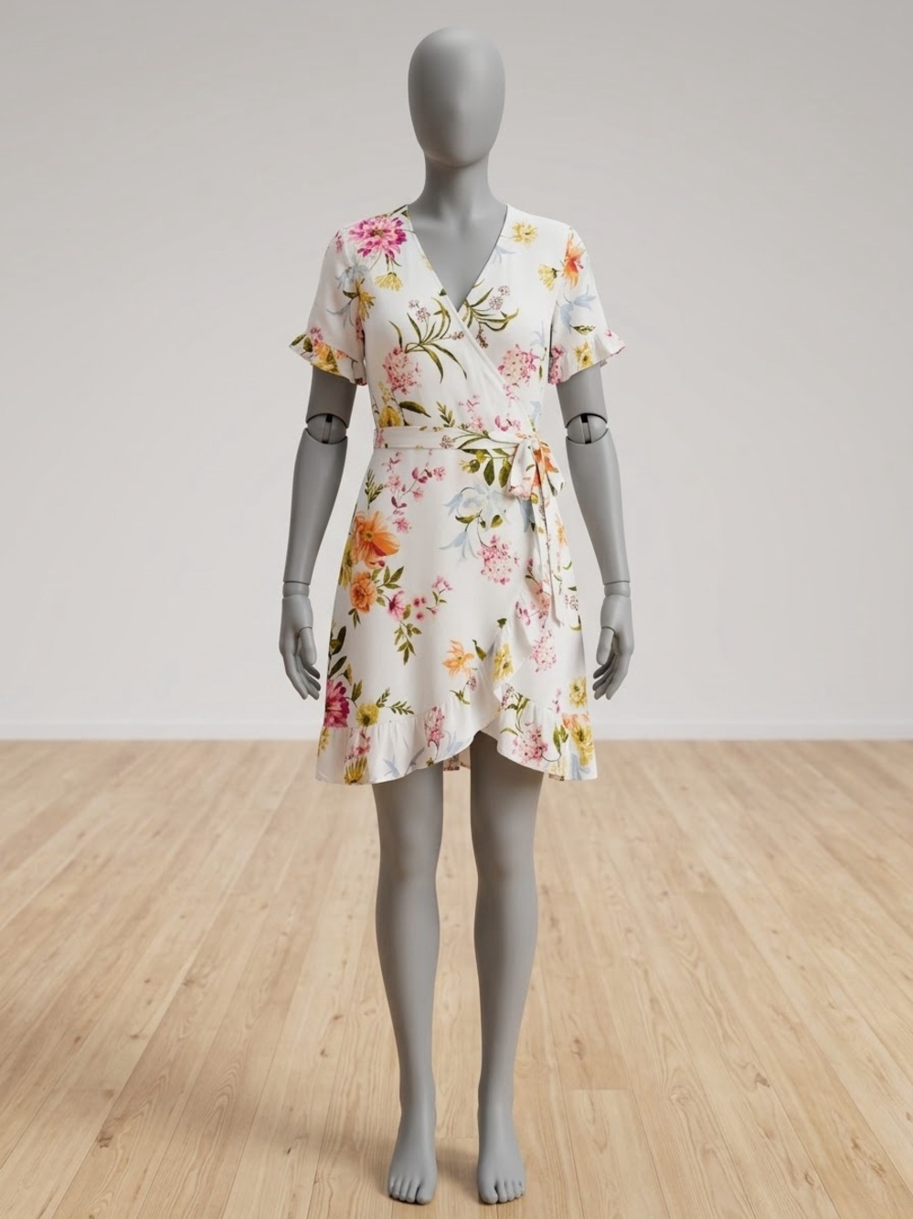 Loft Petites Floral Faux Wrap Mini Dress White Ruffle V-Neck Size 4P